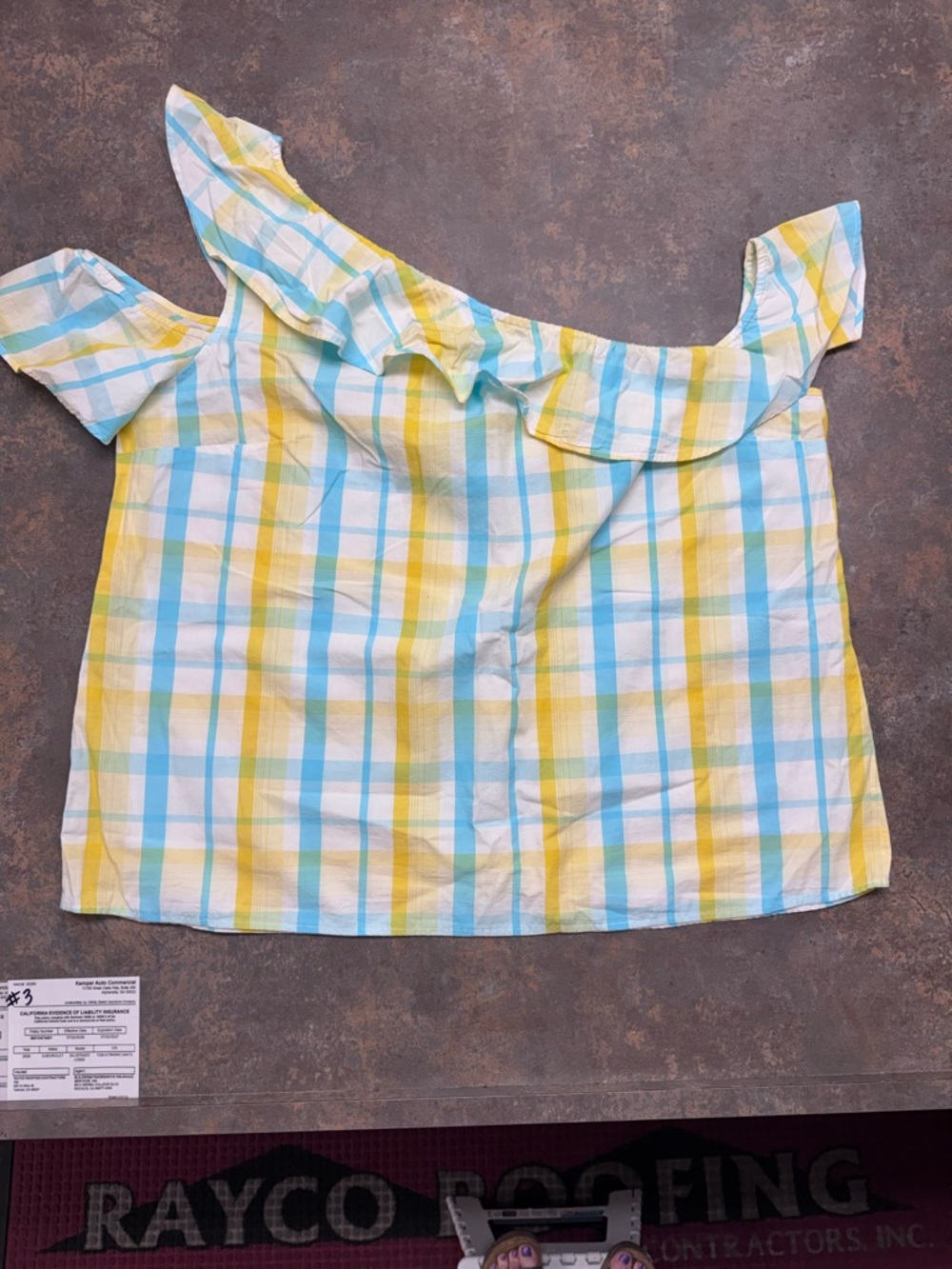 crown & ivy Yellow and Light Blue Plaid Off-Shoulder Girls Top